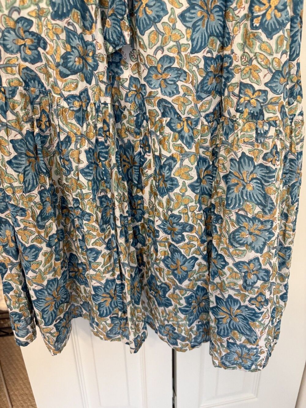 Oliphant Ruffle Collar Button Maxi Dress Size M Ivy Blue/Gold - Picture 6 of 10